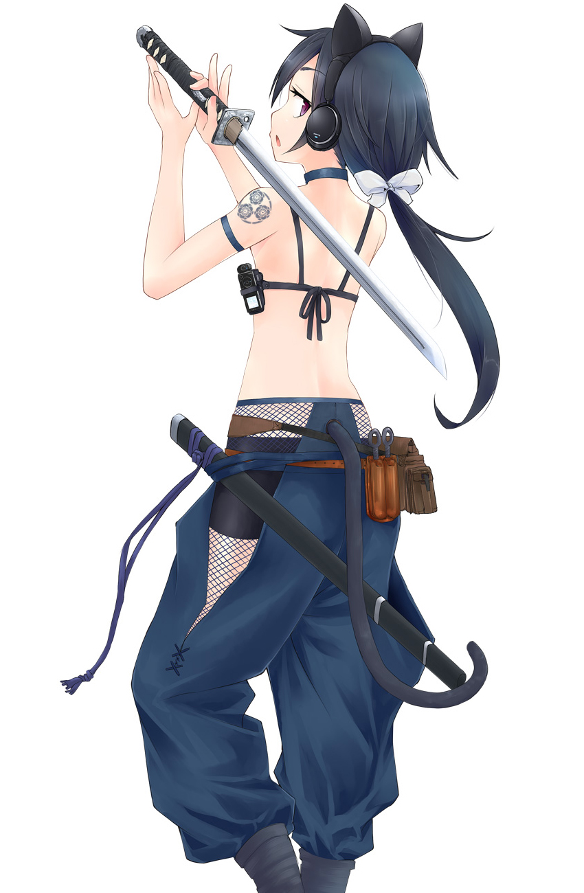 armband axent_wear black_hair bow cat_ear_headphones cat_tail choker digital_media_player fishnets from_behind hair_bow headphones highres hip_vent holding holding_sword holding_weapon long_hair okiru original ponytail pouch profile purple_eyes sheath simple_background solo sword tail tattoo weapon white_background white_bow