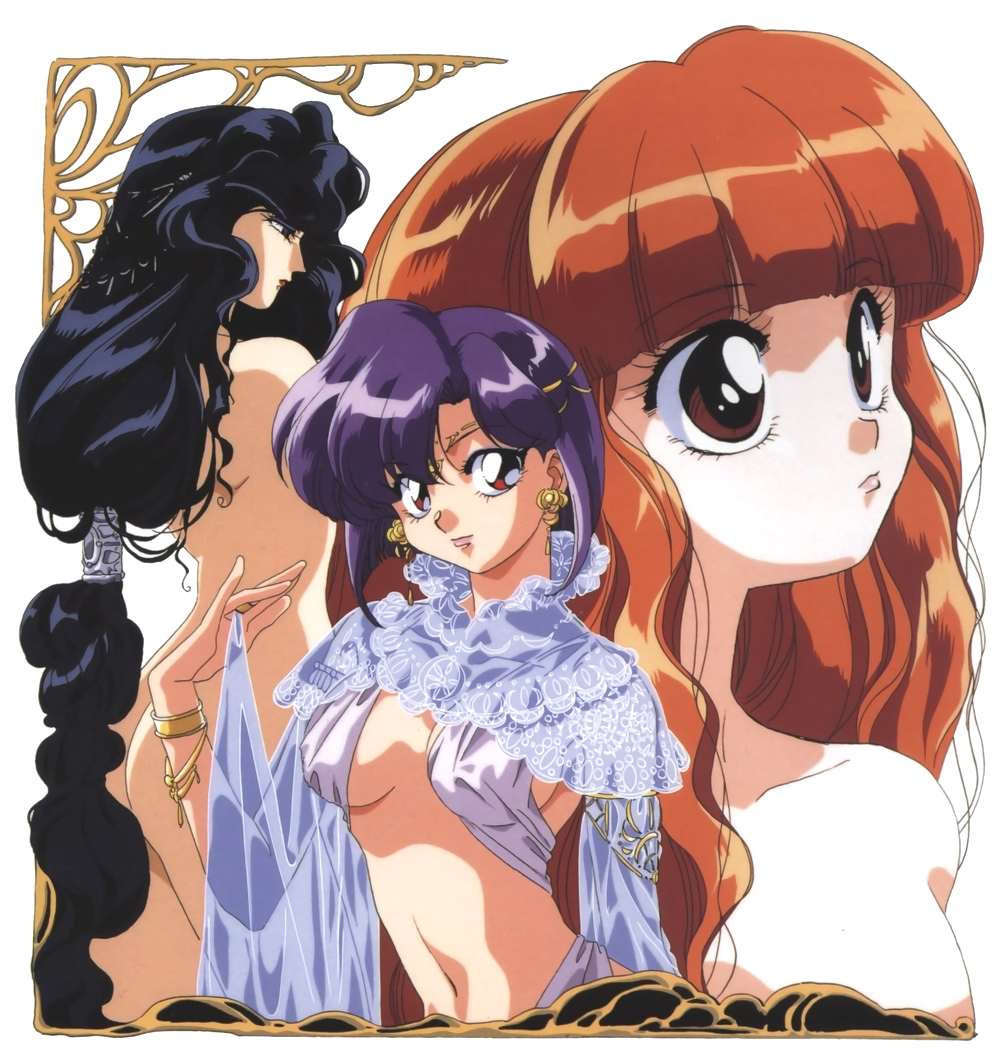 90s animahjong_x ass bangs black_eyes blonde_hair blunt_bangs bracelet brown_eyes brown_hair earrings jewelry long_hair looking_at_viewer miyabi_(animahjong_x) multiple_girls nakajima_atsuko navel nude official_art purple_hair red_eyes rumi_(animahjong_x) scan short_hair simple_background sogna very_long_hair white_background yumika_(animahjong_x)