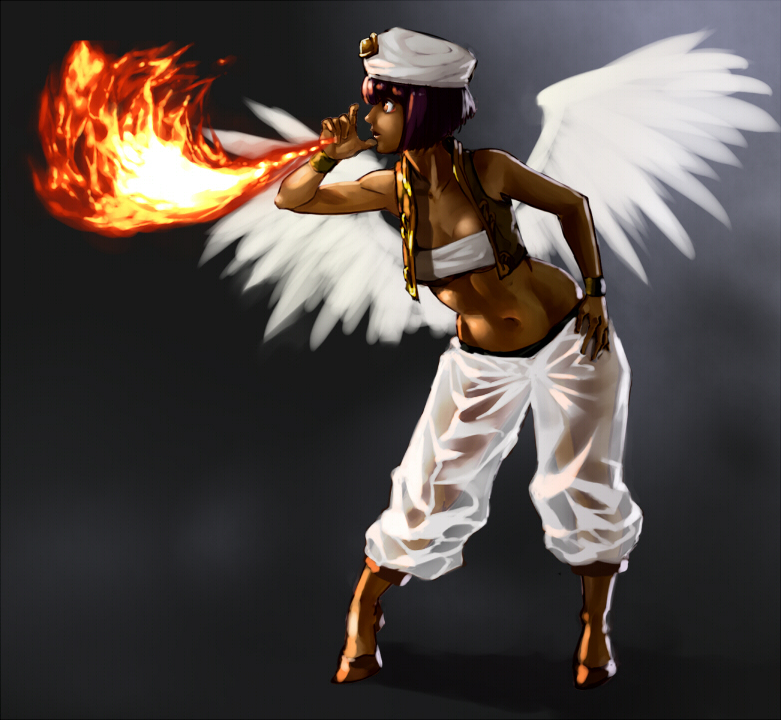 djinn female fire fire_breathing genie jinnee_(monster_rancher) monster_rancher not_furry pixie pixie_(monster_rancher) unknown_artist wings