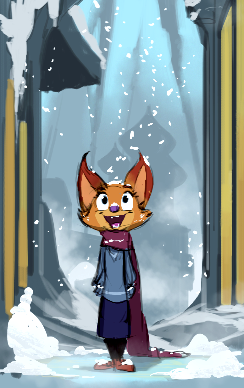 aged_down anthro big_ears blue_eyes canine city clothed clothing cub cute disney fan_character fangs female fox happy looking_up mammal megan_fawkes outside ruffu scarf smile snow snowing solo young zootopia