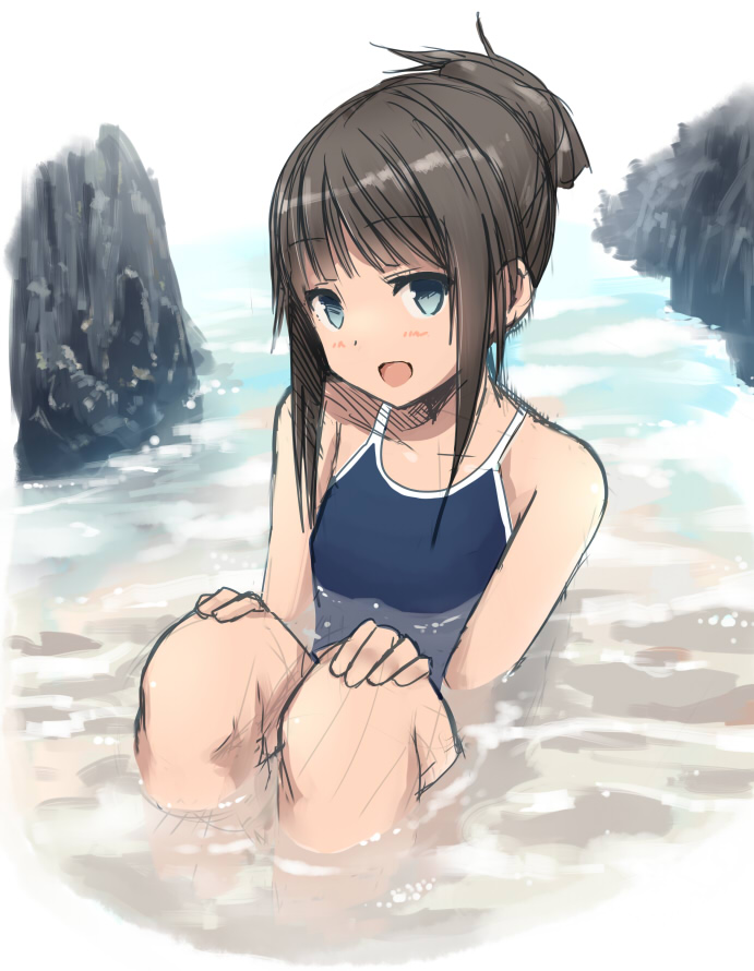 :d blue_eyes blush brown_hair collarbone competition_school_swimsuit hair_up hands_on_own_knees head_tilt okiru one-piece_swimsuit open_mouth original partially_submerged short_hair sitting sketch smile solo swimsuit water