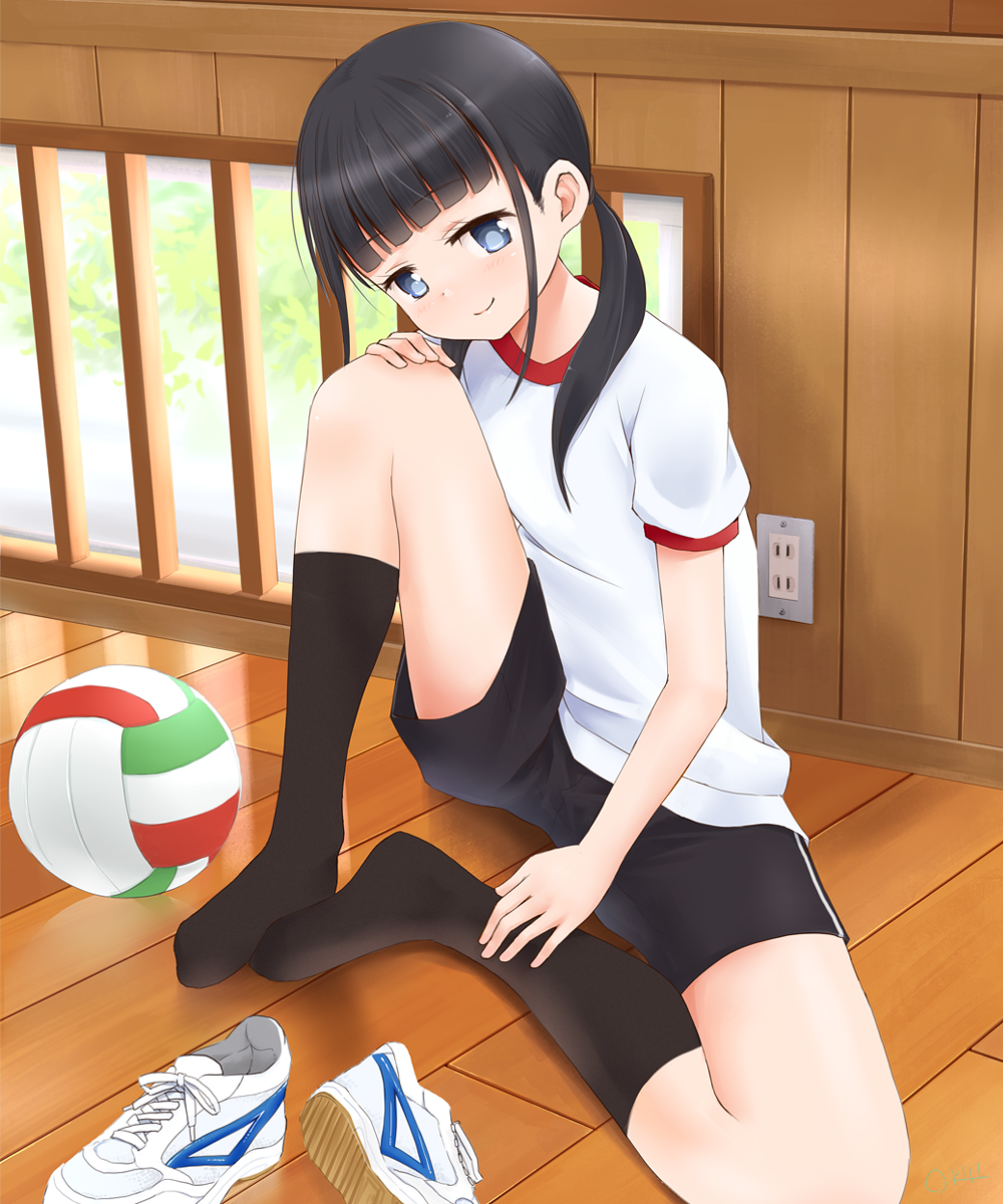 black_hair black_legwear black_shorts blue_eyes blush closed_mouth electric_socket gym_uniform hand_on_own_knee head_tilt highres kneehighs okiru original shirt shoes shoes_removed short_sleeves shorts sitting smile sneakers solo spread_legs twintails volleyball white_shirt window wooden_wall