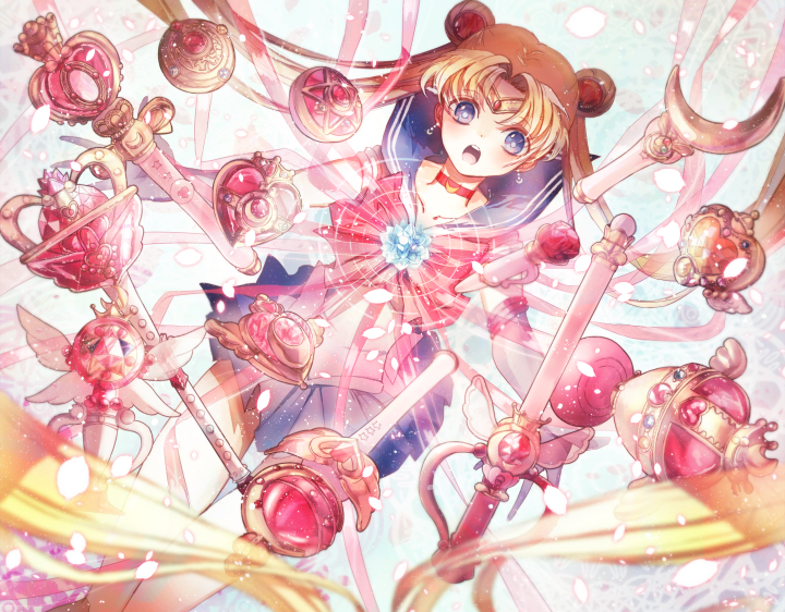 :o bishoujo_senshi_sailor_moon blonde_hair blue_eyes blue_sailor_collar blue_skirt bow brooch choker cutie_moon_rod double_bun earrings elbow_gloves eternal_tiare gloves hair_ornament hairpin jewelry kaleidomoon_scope long_hair maboroshi_no_ginzuishou magical_girl moon_stick outstretched_arms pink_ribbon pppppppi red_bow red_choker ribbon sailor_collar sailor_moon sailor_senshi_uniform seihai_(sailor_moon) skirt solo spiral_heart_moon_rod spread_arms tiara tsukino_usagi twintails white_gloves