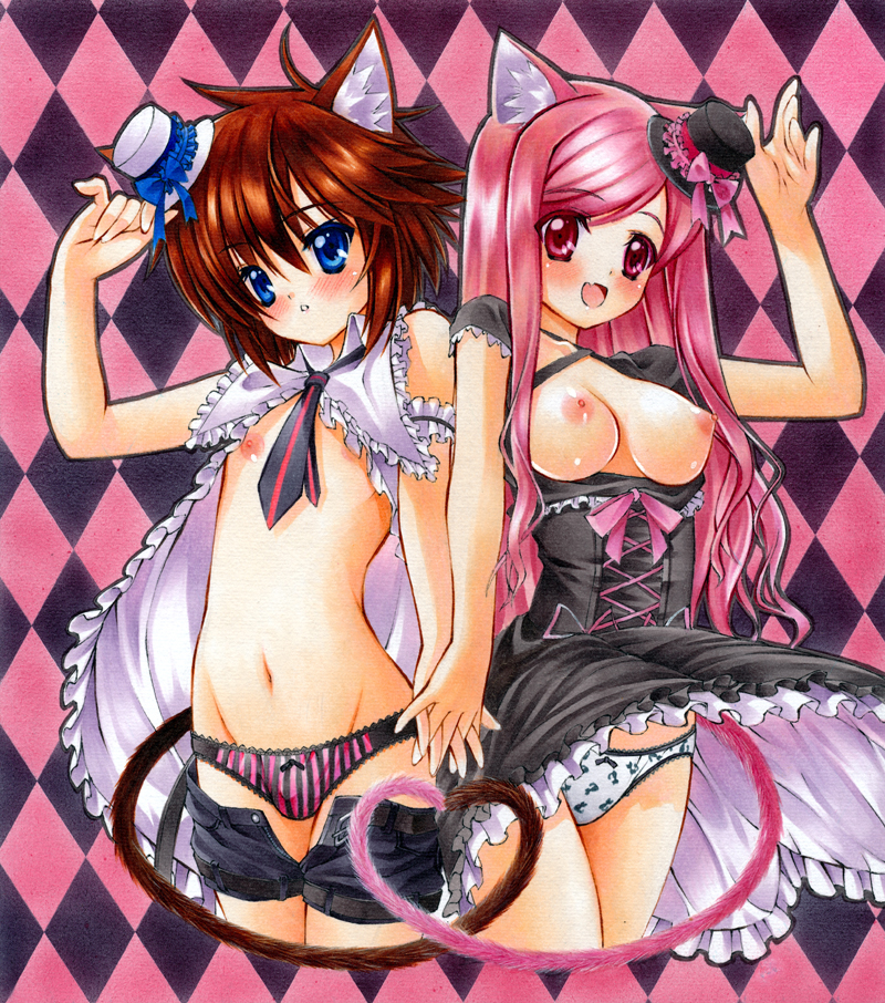 1boy 1girl :d animal_ears arm_garter bad_id blue_eyes blush breasts breasts_outside brown_hair cat_ears cat_tail character_request checkered checkered_background copyright_request crossdressing dress fang flapper_shirt hand_holding hand_up hat hat_tip heart heart_tail_duo long_hair marker_(medium) mini_hat navel necktie nipples open_clothes open_dress open_mouth panties pink_eyes pink_hair shirt shorts shorts_pull smile tail traditional_media trap wind_lift yuto_cafe