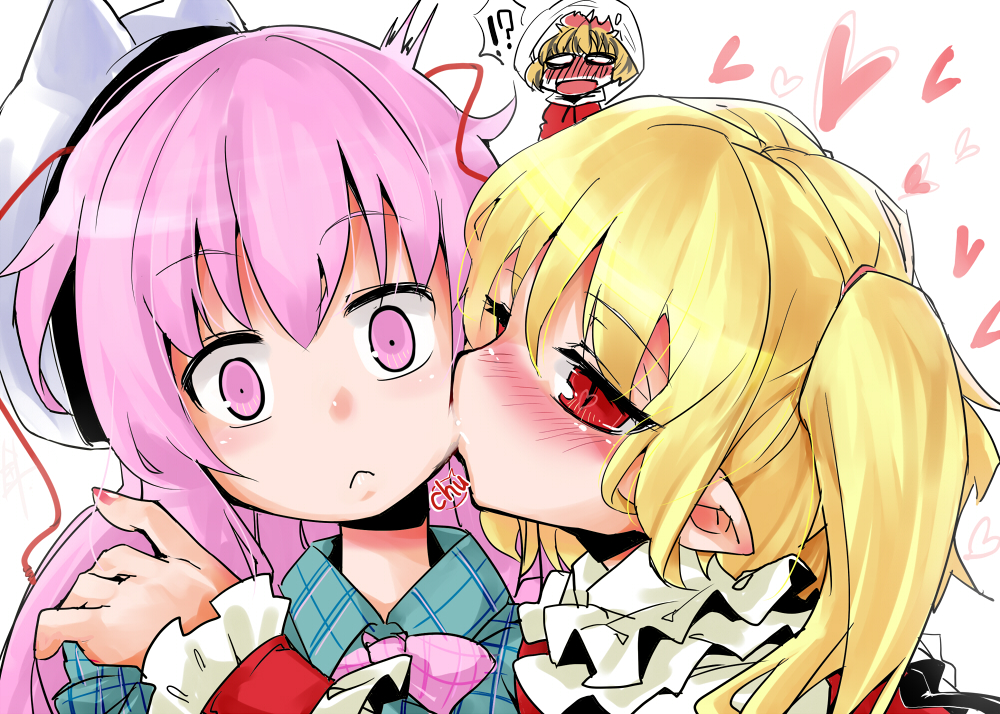 3girls :&lt; blank_eyes blonde_hair blouse blue_blouse blush cheek_kiss constricted_pupils empty_eyes expressionless eyebrows eyebrows_visible_through_hair flandre_scarlet flustered hair_between_eyes hand_on_another's_shoulder harry_(namayake) hata_no_kokoro heart kiss long_hair looking_at_viewer mask multicolored_hair multiple_girls no_hat no_headwear pink_eyes pink_hair plaid plaid_shirt profile red_eyes shirt side_ponytail slit_pupils toramaru_shou touhou two-tone_hair white_background white_blouse wings wrist_cuffs yuri