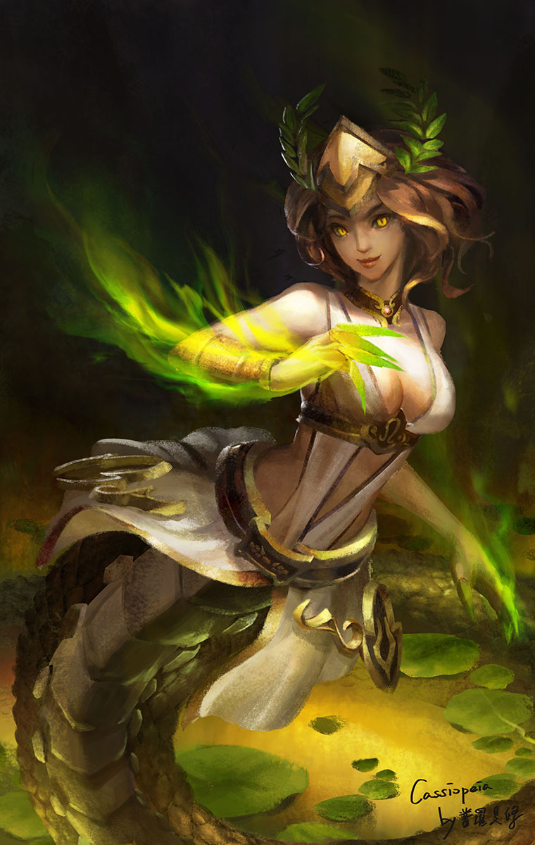 arm_guards armor artist_name breasts brown_hair cassiopeia_du_couteau character_name claw_(weapon) cleavage closed_mouth foliage_(artist) glowing helmet highres jewelry lake lamia large_breasts laurel_crown leaf league_of_legends lips liquid looking_at_viewer monster_girl necklace overskirt sleeveless slit_pupils smile solo weapon