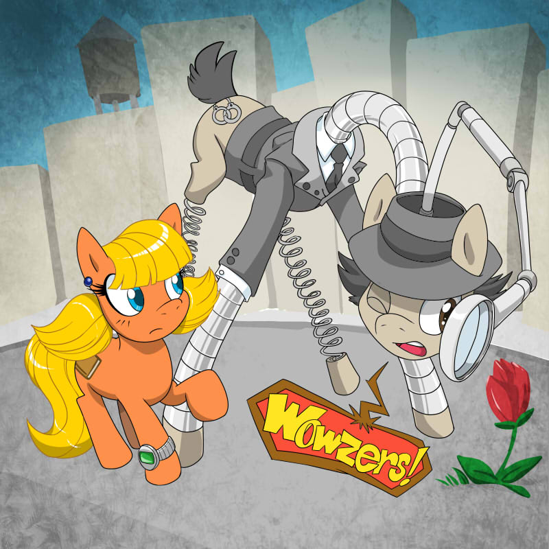 1:1 2015 blonde_hair blue_eyes brown_eyes crossover cutie_mark cybernetics cyborg dialogue duo ear_piercing earth_pony equine female feral flower grey_hair hair hat horse inspector_gadget inspector_gadget_(franchise) kandlin machine magnifying_glass male mammal my_little_pony one_eye_closed outside penny_(inspector_gadget) piercing pigtails plant ponification pony rose watch