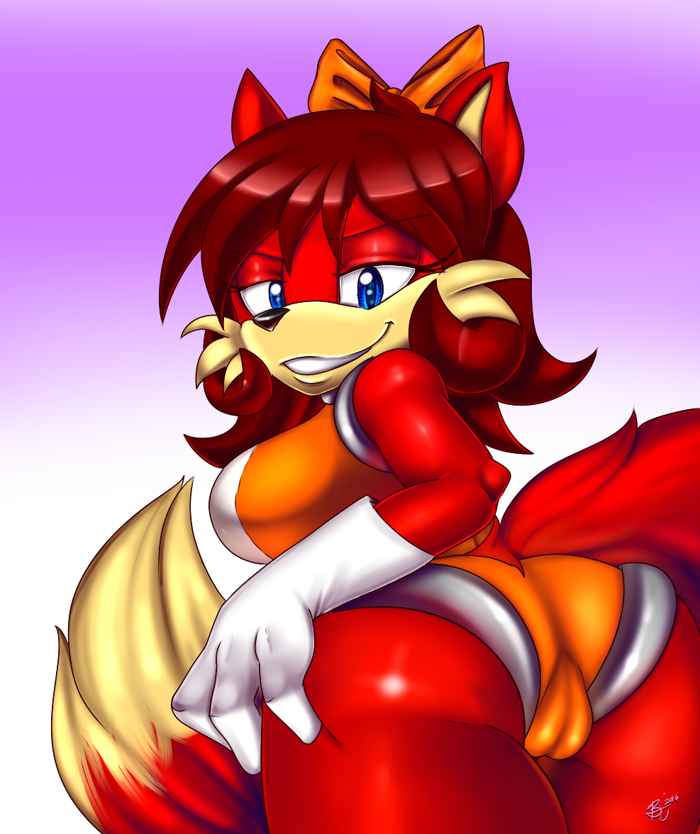 anthro bedroom_eyes black_nose blue_eyes bluetheunknown21 breasts butt butt_grab camel_toe canine clothing female fiona_the_fox fox hair hair_ribbon half-closed_eyes hand_on_butt looking_back mammal plump_labia pose presenting pussy red_hair ribbons seductive smile solo sonic_(series) tight_clothing