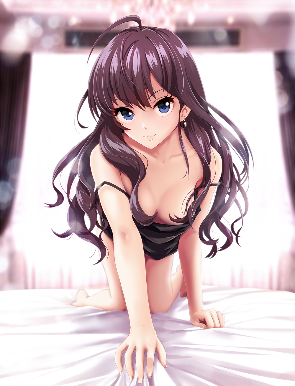 :3 ahoge all_fours blue_eyes blurry breasts brown_hair chandelier cleavage curtains depth_of_field downblouse hair_over_breasts highres ichinose_shiki idolmaster idolmaster_cinderella_girls infinote light_particles long_hair looking_at_viewer medium_breasts on_bed seductive_smile smile solo strap_slip window