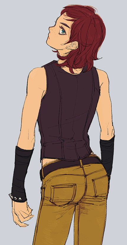 1girl ass back bare_shoulders belt blue_eyes cait_(fallout) closed_mouth cowboy_shot fallout fallout_4 flat_color freckles from_behind grey_background head_tilt looking_at_viewer pants red_hair simple_background sleeveless sleeveless_shirt solo y_(artist)