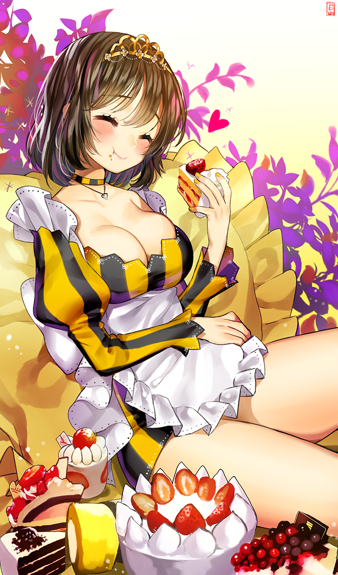 :t ^_^ apron bad_id bad_pixiv_id bare_shoulders blush breasts brown_hair cake cheesecake chocolate_cake choker cleavage closed_eyes collarbone colored_stripes dessert dress food food_on_face frilled_apron frilled_pillow frills fruit gambe head_tilt heart holding holding_food jewelry juliet_sleeves large_breasts long_sleeves nail_polish necklace original pillow puffy_sleeves short_hair sitting solo sparkle strawberry striped striped_dress swiss_roll tiara vertical-striped_dress vertical_stripes waist_apron yellow_nails