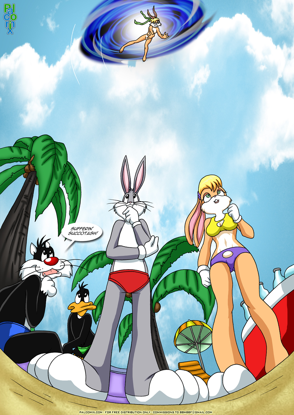 ancestor avian bandanna bbmbbf beach bird bra breasts briefs bugs_bunny cat cleavage clothed clothing cloud coconut coconut_tree comic daffy_duck deckchair duck feline female food fruit glass_bottle gloves ice_box lagomorph lexi_bunny lola_bunny loonatics_unleashed looney_tunes low-angle_view male mammal palcomix panties portal public rabbit seaside sky sport sports_bra swimming_trunks swimsuit sylvester text umbrella underwear volleyball warner_brothers worm's-eye_view