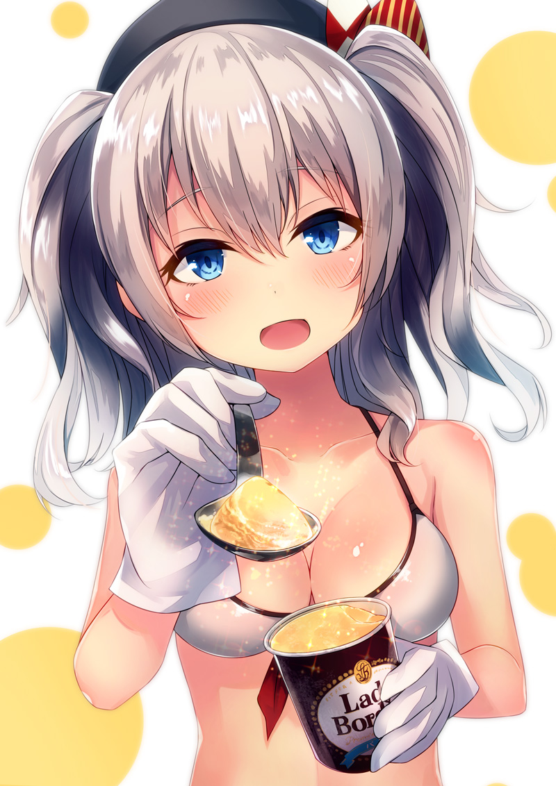 :d alternate_costume bangs beret bikini black_hat blue_eyes blush breasts circle collarbone eyebrows eyebrows_visible_through_hair feeding food gloves hair_between_eyes hair_ornament hat holding holding_spoon ice_cream kantai_collection kashima_(kantai_collection) lady_borden medium_breasts open_mouth pov_feeding product_placement shiny shiny_skin silver_hair smile solo sparkle spoon string_bikini striped sunsuke swimsuit two_side_up upper_body white_background white_bikini white_gloves