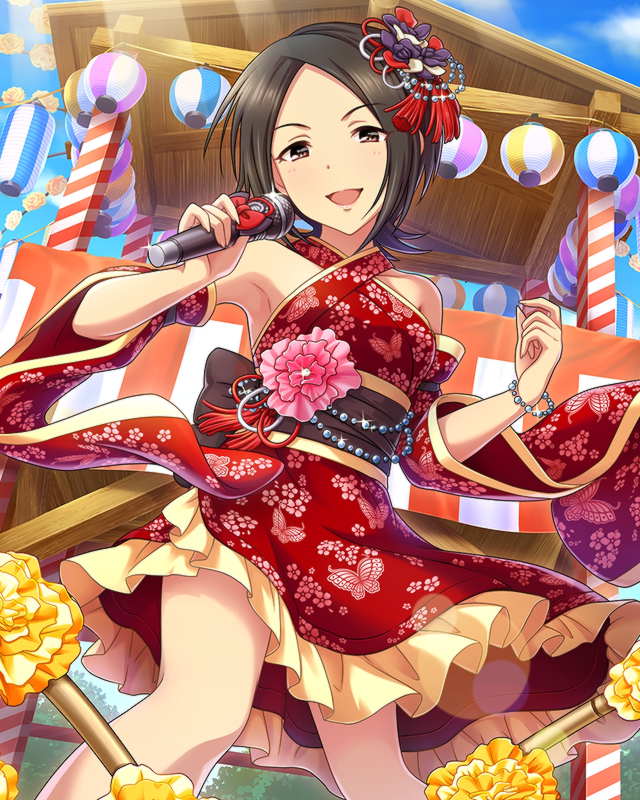alternate_costume artist_request black_hair bracelet brown_eyes detached_sleeves flower hair_flower hair_ornament idolmaster idolmaster_cinderella_girls japanese_clothes jewelry microphone official_art short_hair smile solo tougou_ai tree