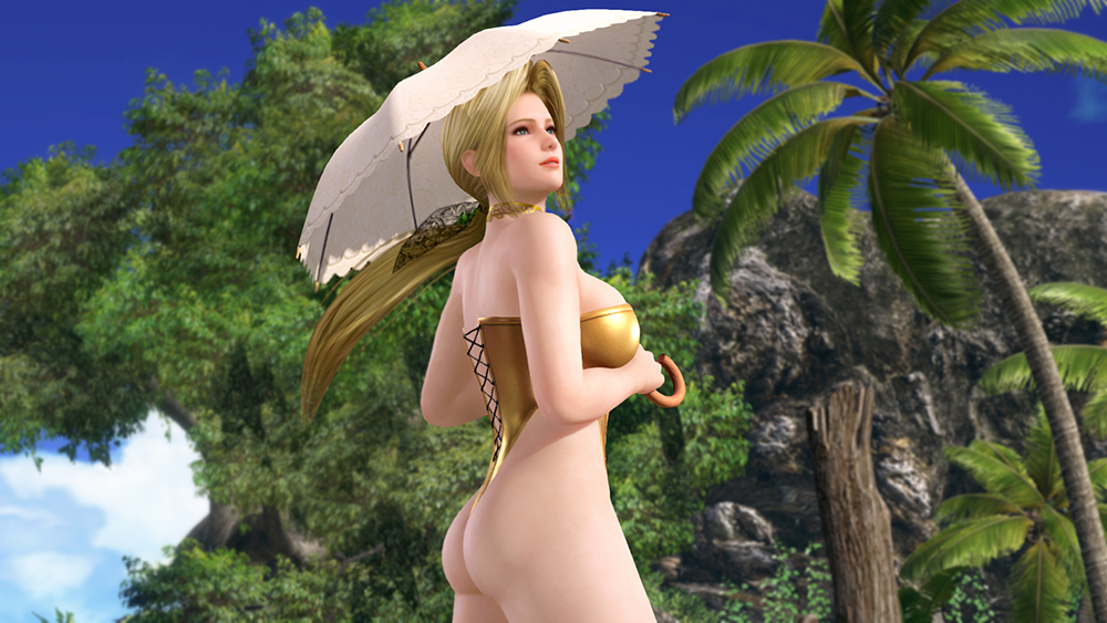 1girl 3d ass blonde_hair breasts dead_or_alive dead_or_alive_xtreme_3_fortune dead_or_alive_xtreme_beach_volleyball helena_douglas large_breasts official_art solo umbrella