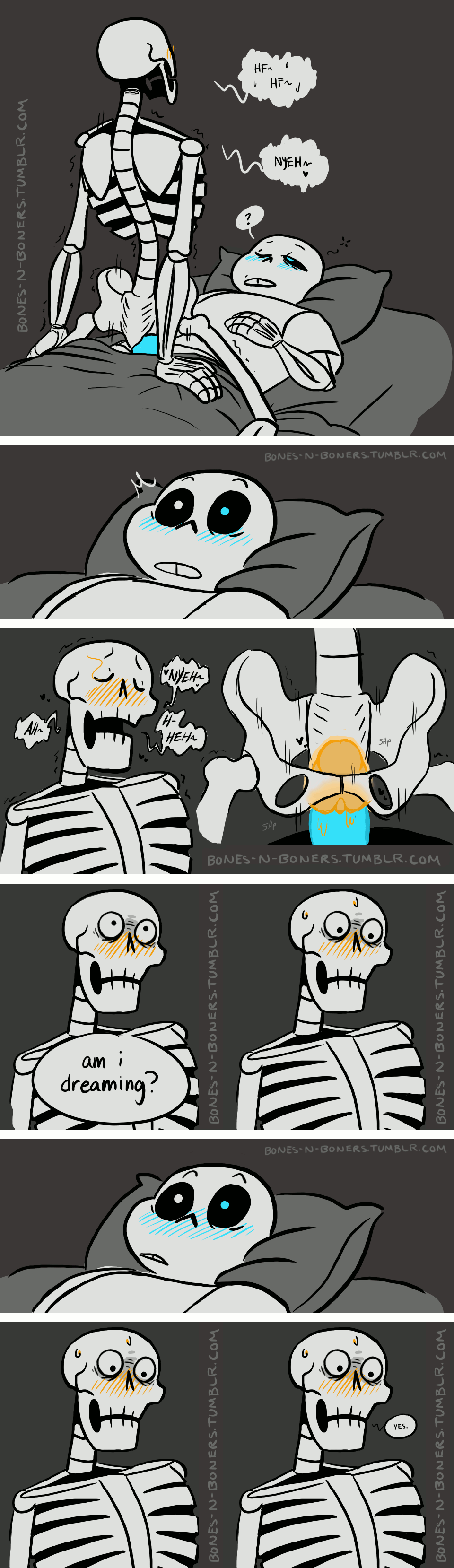 &lt;3 animated animated_skeleton bed blush bone caught clothed clothed_sex clothing comic cuntboy dialogue embarrassed english_text fontcest incest intersex magic_penis magic_pussy male male/male not_furry nude papyrus_(undertale) penis pussy sans_(undertale) sex skeleton sleep_sex sweat text undead undertale unknown_artist video_games