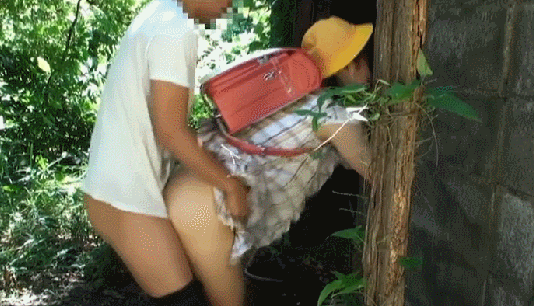 1boy 1girl animated animated_gif asian backpack bent_over bottomless cap censored clothed_sex outside photo randoseru sex side_view thighs