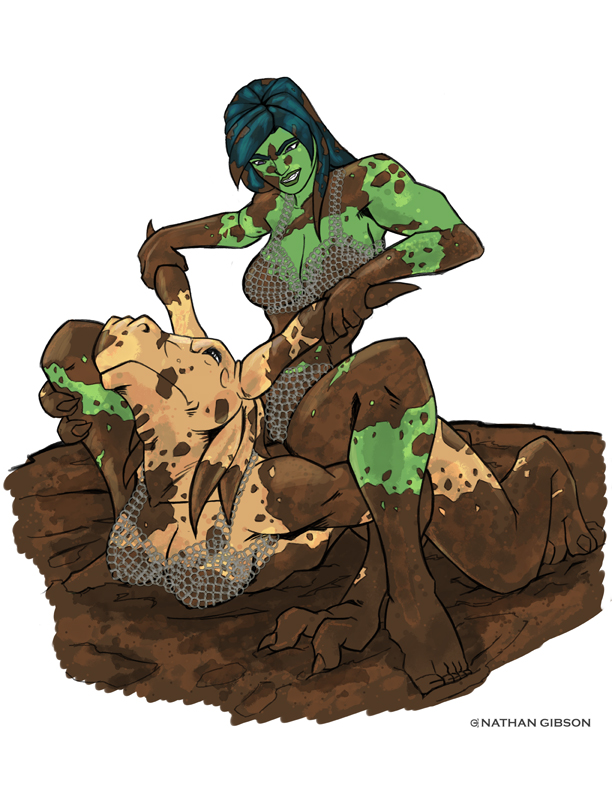 2011 2_fingers armor bikini blue_hair brown_eyes chainmail_bikini claws clenched_teeth clothing dragonborn dungeons_&amp;_dragons duo female hair horn horn_grab humanoid leg_grab lying mud mud_wrestling on_front orc pathfinder pinned simple_background sitting spread_legs spreading straddling swimsuit teeth toe_claws transbot9 unconvincing_armor white_background wrestling