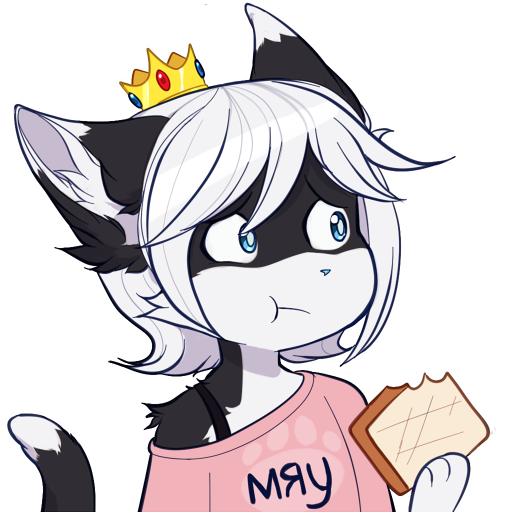 alpha_channel anthro average_(character) blue_eyes bread cat chewing clothing crown feline female fireflufferz food fur hair humor icon mammal multicolored_fur off_shoulder reaction_image shirt simple_background solo space_patrol_luluco text toast transparent_background two_tone_fur white_hair