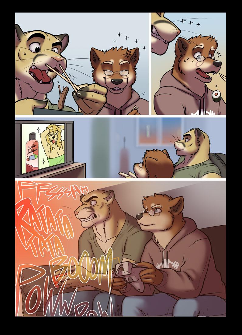 angry anthro breasts brown_fur canine chopsticks chris_(meesh) clenched_teeth clothed clothing comic commercial cougar detailed_background dialogue digital_media_(artwork) dog duo eating english_text eyes_closed eyewear feline female food fully_clothed fur gaming glasses hoodie john_(meesh) little_buddy male mammal meesh muscular nintendo_64 onomatopoeia pointing shampoo sitting smile sound_effects speech_bubble sushi sweat teeth text towel video_games yellow_fur