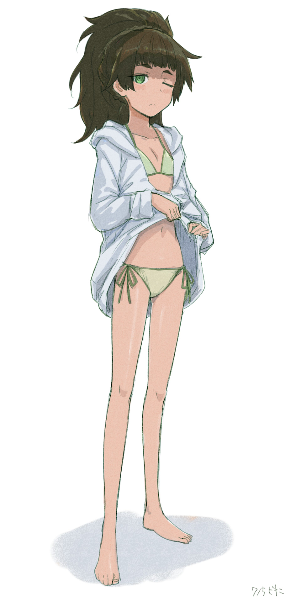 1girl bangs bikini blunt_bangs blush_stickers brown_hair closed_mouth collarbone dated flat_chest frown full_body green_bikini green_eyes highres hiyajou_maho hood hood_down hoodie hoodie_lift long_hair looking_at_viewer menomorute messy_hair navel one_eye_closed ringed_eyes short_eyebrows side-tie_bikini sidelocks simple_background solo standing steins;gate steins;gate_0 swimsuit tied_hair white_background white_hoodie