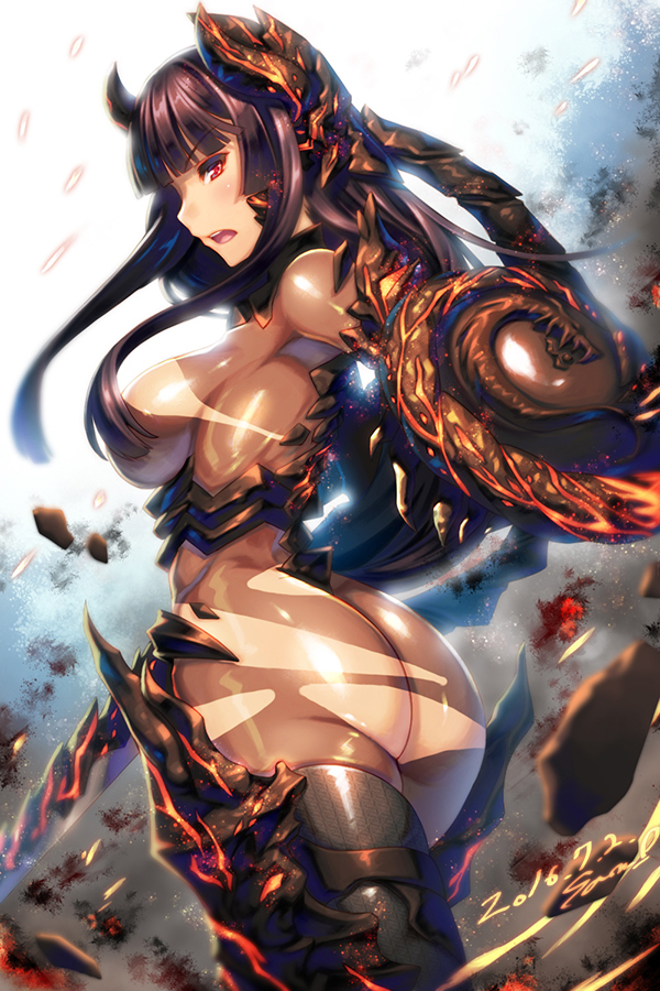 2016 armor armored_boots ass bangs black_hair blunt_bangs bodysuit boots breasts censored cowboy_shot dated debris dragon_print dust ecell glowing glowing_sword glowing_weapon gorget hair_over_breasts headgear hime_cut holding holding_sword holding_weapon large_breasts light_particles long_hair looking_at_viewer looking_back mabinogi mabinogi_heroes motion_blur open_mouth profile red_eyes shiny shiny_clothes sideboob solo sword thigh_boots thighhighs torn_bodysuit torn_clothes underbust weapon