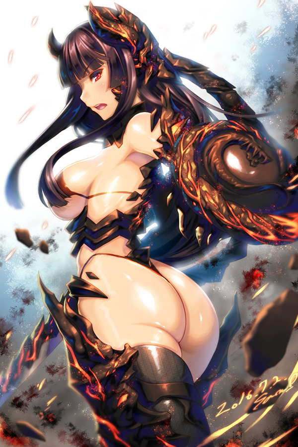 2016 armor armored_boots ass bangs bikini bikini_armor black_bikini black_hair blunt_bangs boots breasts censored cowboy_shot dated debris dragon_print dust ecell glowing glowing_sword glowing_weapon gorget hair_over_breasts headgear hime_cut holding holding_sword holding_weapon large_breasts light_particles long_hair looking_at_viewer looking_back mabinogi mabinogi_heroes motion_blur open_mouth profile red_eyes revealing_clothes shiny shiny_skin sideboob solo string_bikini swimsuit sword thigh_boots thighhighs underbust weapon