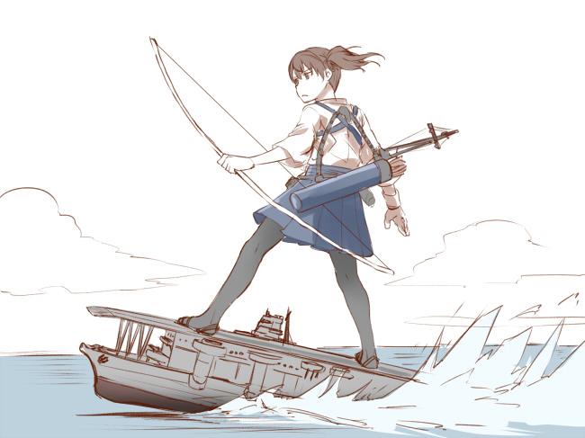 aircraft_carrier bow_(weapon) brown_hair commentary_request ishii_hisao kaga_(aircraft_carrier) kaga_(kantai_collection) kantai_collection meme military military_vehicle object_namesake quiver ship side_ponytail solo thighhighs warship watercraft waterskiing_(meme) weapon