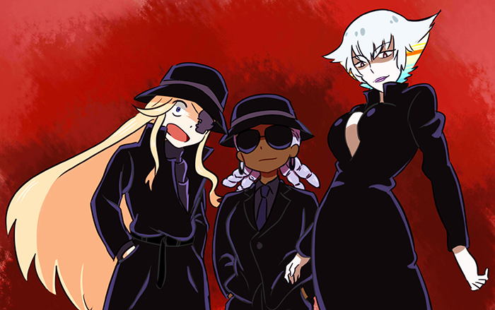 alternate_hairstyle black_dress blonde_hair blue_eyes breasts cleavage cosplay dark_skin dress earrings eyepatch fedora fingernails foreshortening formal gin_(meitantei_conan) gin_(meitantei_conan)_(cosplay) h0saki hands_in_pockets harime_nui hat hoop_earrings hououmaru_rei jewelry kill_la_kill kiryuuin_ragyou large_breasts long_hair mafia mature meitantei_conan multicolored multicolored_hair multiple_girls rainbow_hair sharp_fingernails short_hair smirk suit sunglasses vermouth_(meitantei_conan) vermouth_(meitantei_conan)_(cosplay) vodka_(meitantei_conan) vodka_(meitantei_conan)_(cosplay)