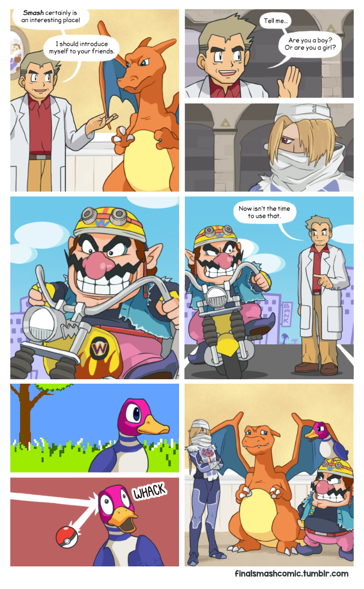 ambiguous_gender avian bird charizard clothed clothing cloud comic dialogue duck english_text female fully_clothed human male mammal mario_bros nintendo pok&eacute;ball pok&eacute;mon professor_oak sheik speech_bubble super_smash_bros text tree tumblr video_games wario yayster_(artist)