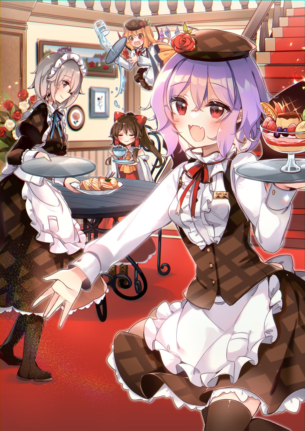 4girls :d :o \||/ alternate_costume apron ascot back_bow bat_wings black_footwear black_legwear blonde_hair blue_eyes boots bow breasts brown_hair buttons center_frills chair closed_eyes commentary_request crystal cup dessert detached_sleeves enmaided fang fangs fingernails flandre_scarlet flying food frills hair_bow hair_tubes hakurei_reimu highres holding holding_cup holding_saucer izayoi_sakuya kirero large_breasts long_hair long_sleeves looking_at_viewer maid maid_apron maid_headdress multiple_girls open_mouth palms parfait plate pocket ponytail purple_hair red_bow red_carpet red_eyes red_neckwear red_ribbon red_skirt red_vest remilia_scarlet ribbon saucer sideways_glance silver_hair sitting skirt smile sparkle spilling standing table teacup thighhighs touhou tray vest wide_sleeves wings wrist_cuffs yellow_neckwear