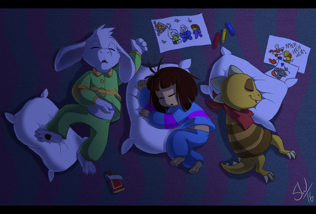 anthro armless asriel_dreemurr boss_monster brown_hair candy caprine carpet chocolate clothed clothing crayon curled_up dark drawing eyes_closed food fur goat group hair human inside long_ears lying mammal mettaton monster monster_kid_(undertale) on_back on_side pajamas papyrus_(undertale) pillow protagonist_(undertale) sans_(undertale) scarf sleeping smile tc-96 text undertale undyne video_games white_fur yellow_skin