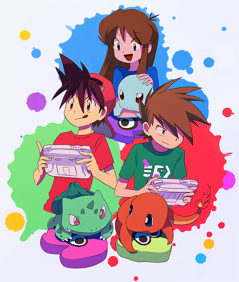 2boys :p bad_id bad_tumblr_id blue_(pokemon) bulbasaur character_doll charmander cushion game_console gen_1_pokemon katou_(osoraku) multiple_boys ookido_green paint_splatter playing_games pokemon pokemon_(creature) pokemon_special red_(pokemon) shirt splatoon_(series) splatoon_1 splatter squirtle t-shirt tongue tongue_out wii_u