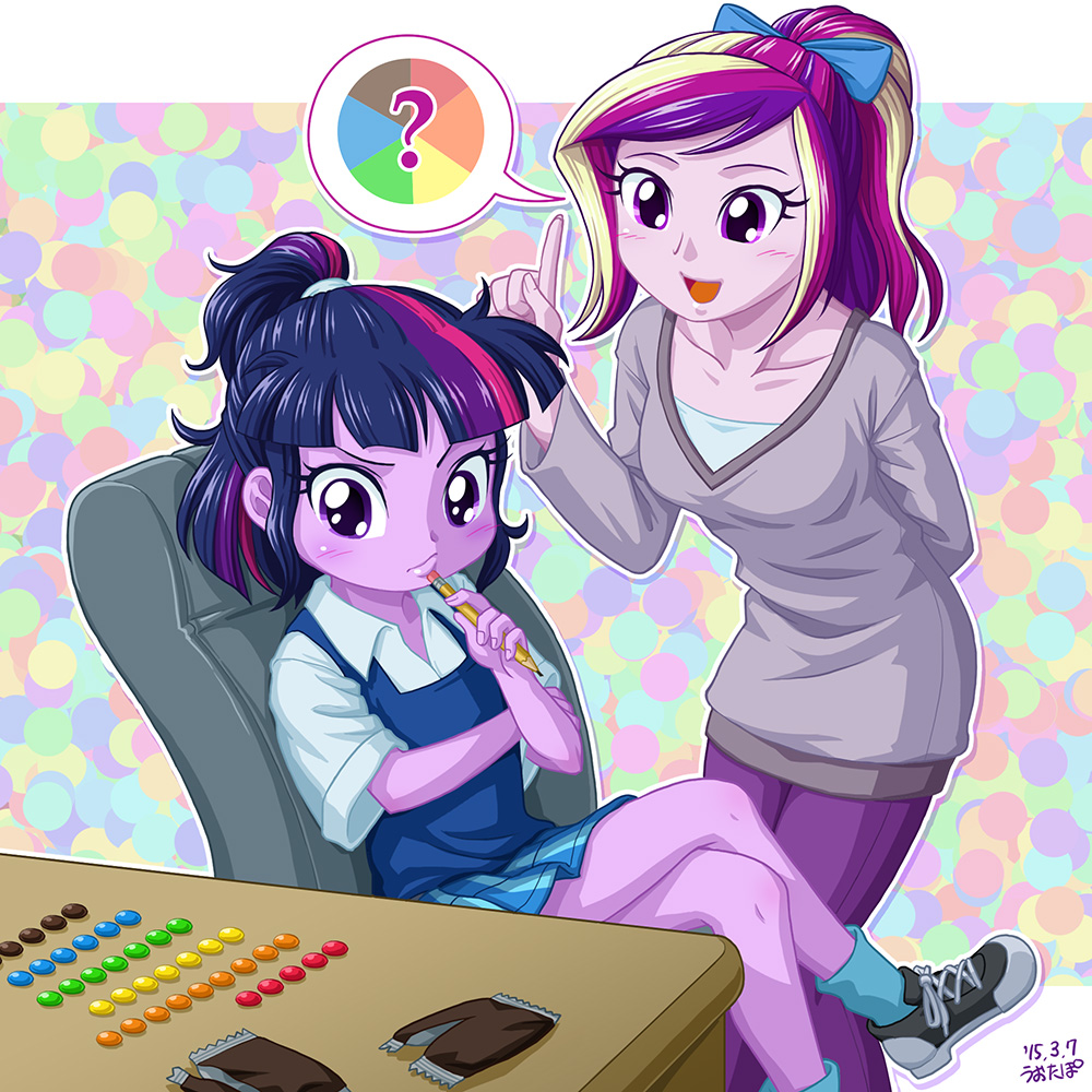 2girls candy multiple_girls my_little_pony my_little_pony_equestria_girls my_little_pony_friendship_is_magic personification princess_mi_amore_cadenza tagme twilight_sparkle uotapo younger