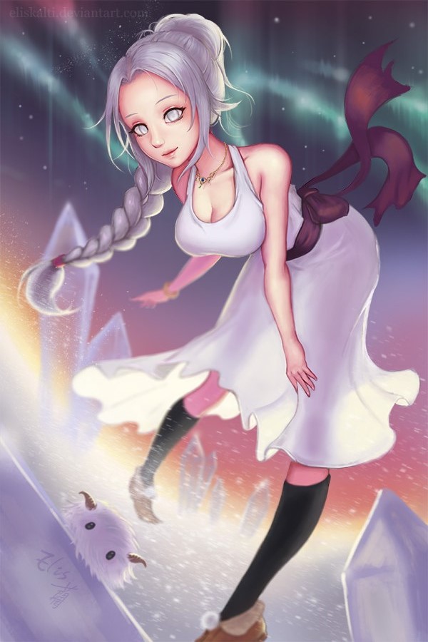 alternate_skin_color aurora bracelet braid breasts cleavage crystal dress eliskalti hair_flaps jewelry kneehighs large_breasts league_of_legends leaning_forward lissandra long_hair looking_at_viewer necklace poro_(league_of_legends) signature silver_eyes silver_hair single_braid snow solo white_dress