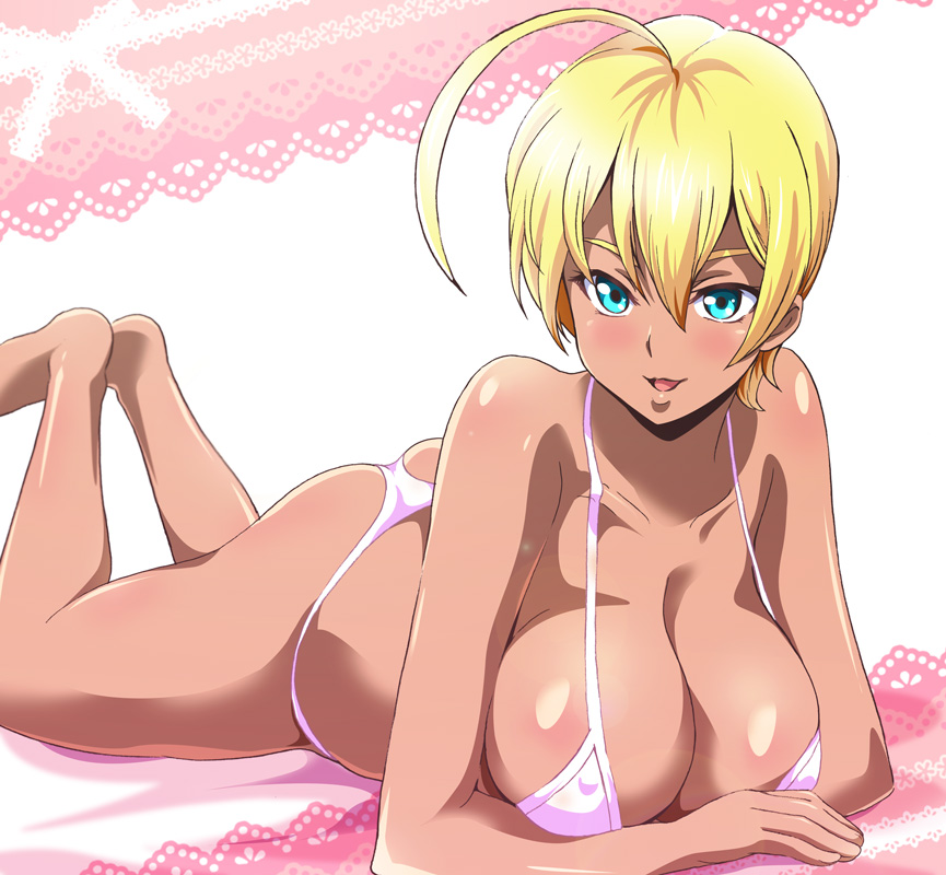 :d ahoge ass bangs barefoot bed_sheet bikini blonde_hair blue_eyes blush bow breasts cleavage collarbone commentary_request covered_nipples dark_skin full_body hair_between_eyes happy lace lace_border large_breasts legs_up lens_flare looking_at_viewer lying micro_bikini mito_ikumi on_bed on_stomach open_mouth parted_bangs shiny shiny_skin shokugeki_no_souma short_hair sideboob simple_background smile solo string_bikini swimsuit thong thong_bikini washizuka_shou white_background white_bikini