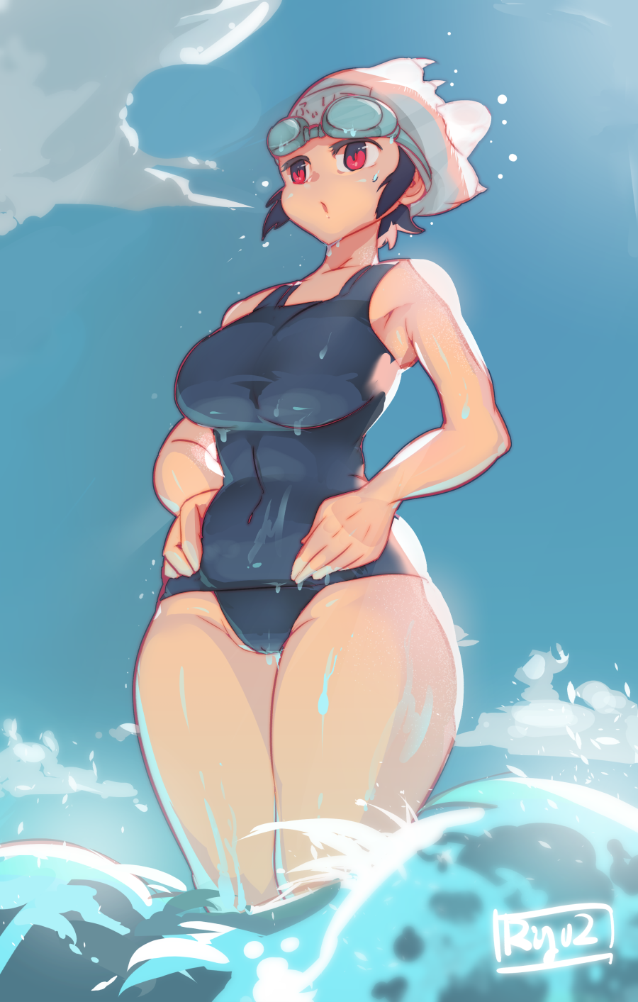 blue_swimsuit breasts cameltoe cowboy_shot filia_(skullgirls) goggles goggles_on_head hands_on_hips highres large_breasts one-piece_swimsuit plump red_eyes ryuji_(red-truth) short_hair skullgirls solo swim_cap swimsuit thick_thighs thighs wading water wet