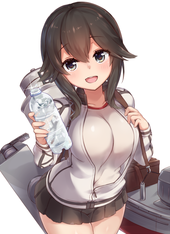 :d black_skirt bottle breasts brown_hair cowboy_shot giving gym_shirt hair_between_eyes hayasui_(kantai_collection) holding jacket kantai_collection large_breasts loafers long_sleeves looking_at_viewer machinery miniskirt open_clothes open_jacket open_mouth pleated_skirt shirt shoes short_hair silver_eyes skirt smile solo track_jacket water_bottle white_shirt yamaarashi
