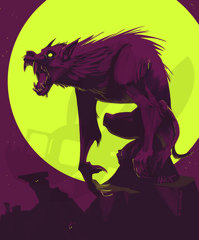 anthro canine claws crouching dark_theme desert fangs fur glowing glowing_eyes howl mammal moon night open_mouth restricted_palette were weremagnus werewolf wolf