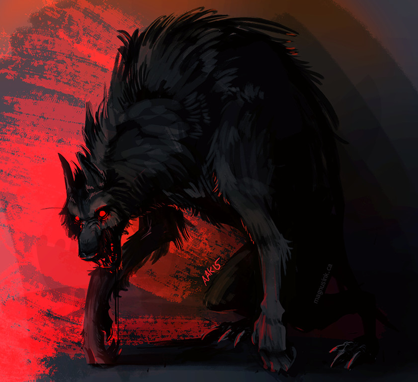 anthro canine claws crouching dark_theme drooling fangs fur glowing glowing_eyes mammal open_mouth red_eyes restricted_palette saliva were weremagnus werewolf wolf