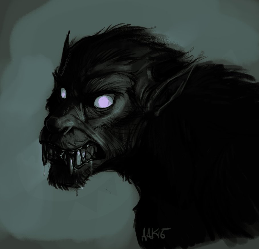anthro canine dark dark_theme drooling fangs fur glowing glowing_eyes mammal restricted_palette saliva snarling were weremagnus werewolf