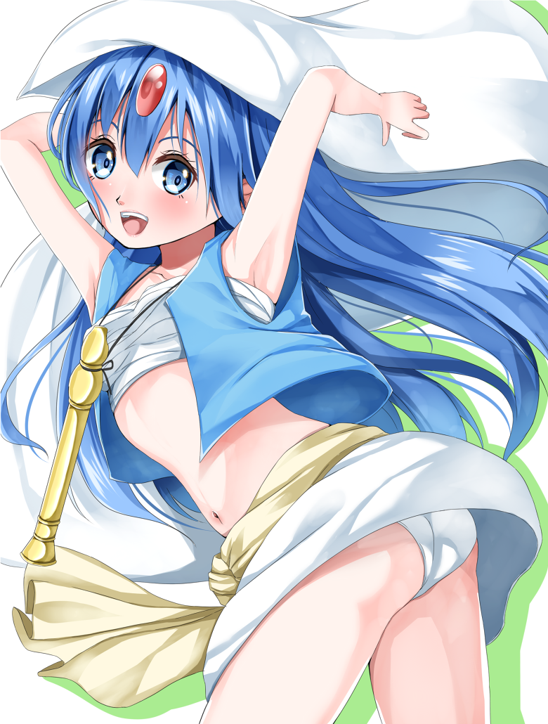 aladdin_(magi) amagami_rukichi armpits arms_behind_head ass blue_eyes blue_hair flute gem genderswap genderswap_(mtf) instrument long_hair looking_at_viewer looking_back magi_the_labyrinth_of_magic navel open_mouth panties pantyshot sarashi sash skirt smile thighs underwear vest white_panties