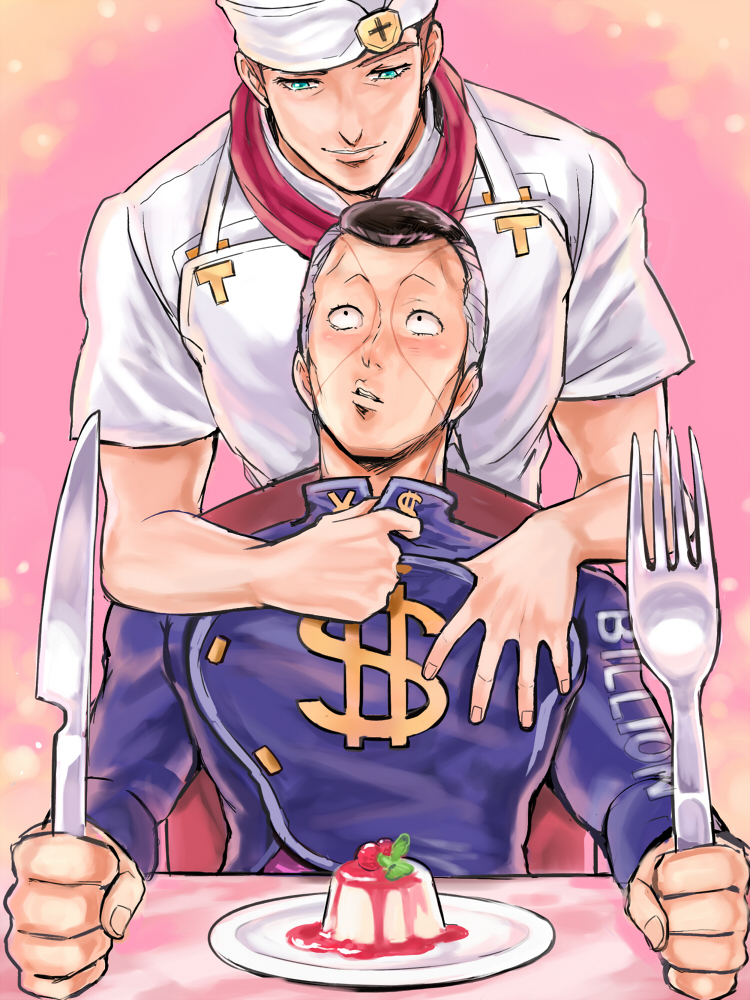 black_hair brown_hair chair chef cherry chikimai dollar_sign facial_mark food foreshortening fork fruit gakuran green_eyes grey_hair holding jojo_no_kimyou_na_bouken knife male_focus multicolored_hair multiple_boys nijimura_okuyasu plate pompadour pudding school_uniform sitting tonio_trussardi two-tone_hair yen_sign