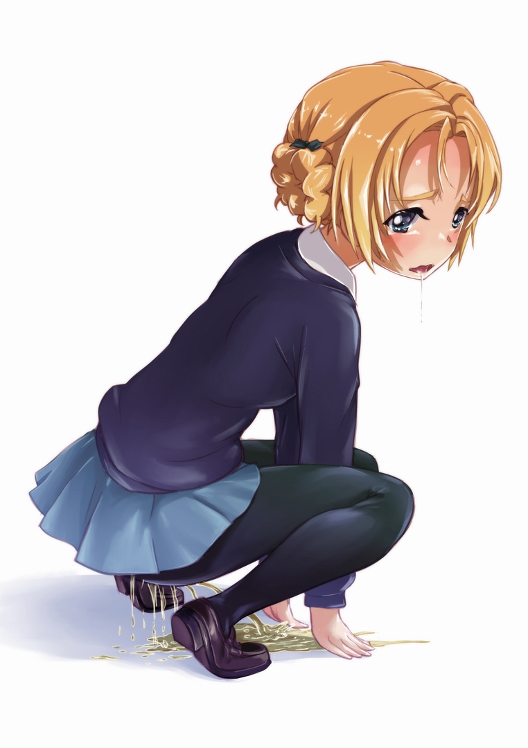 all_fours bangs between_legs black_legwear blonde_hair blue_eyes blue_skirt blush dazed dripping drooling embarrassed eyebrows eyebrows_visible_through_hair full_body girls_und_panzer hair_between_eyes hair_ornament hair_ribbon hand_between_legs loafers looking_afar lunalu9 mary_janes open_mouth orange_pekoe pantyhose pee peeing peeing_self pleated_skirt ribbon saliva school_uniform shoes short_hair simple_background skirt solo squatting st._gloriana's_school_uniform sweater thighs wavy_mouth wet white_background