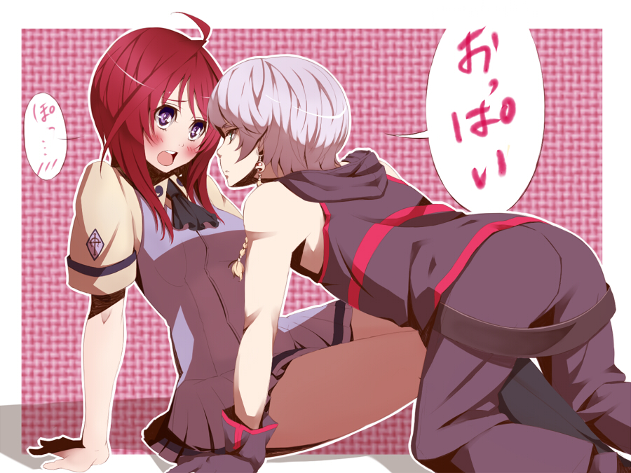 1boy 1girl albino aleksander_nikolaevich_her all_fours aqua_eyes ascot bare_shoulders belt blush braid eye_contact gloves hood hoodie kmtn looking_at_another open_mouth oribe_mafuyu purple_eyes red_hair school_uniform seikon_no_qwaser simple_background single_earring skirt sleeveless sleeveless_shirt uniform white_hair