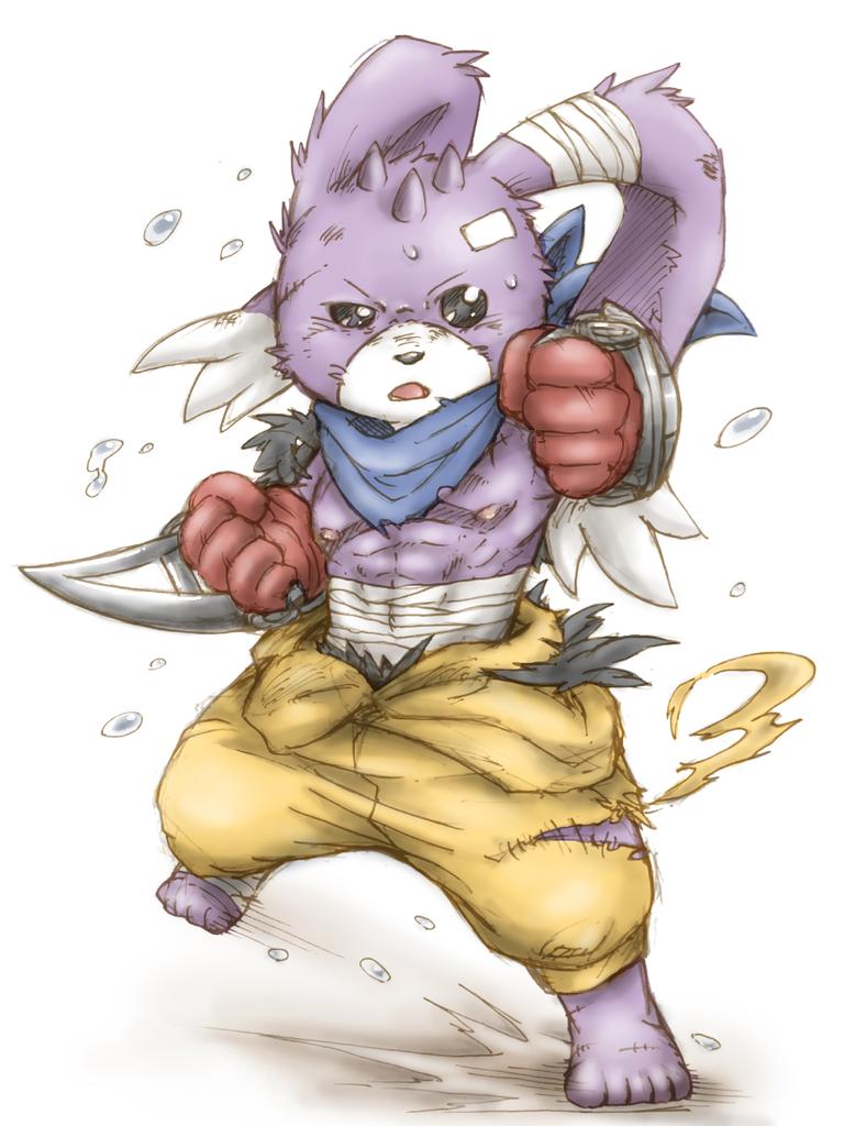 abs anthro athletic barefoot chest_wraps clothed clothing digimon ear_wraps fighting_stance gloves lagomorph mammal neckerchief nipples ope_mouth scar suzutake sweat topless turuiemon wraps