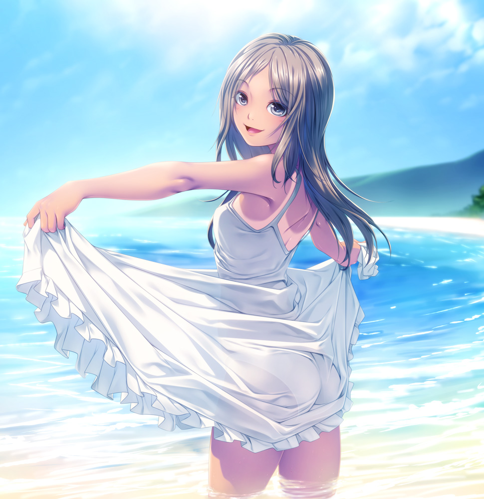 :d ass beach brown_hair cloud day dress from_behind grey_eyes long_hair looking_at_viewer looking_back ocean one-piece_tan open_mouth original outdoors outstretched_arms panties rezi see-through skirt skirt_lift sky smile solo spread_arms tan tanline underwear wading water white_dress