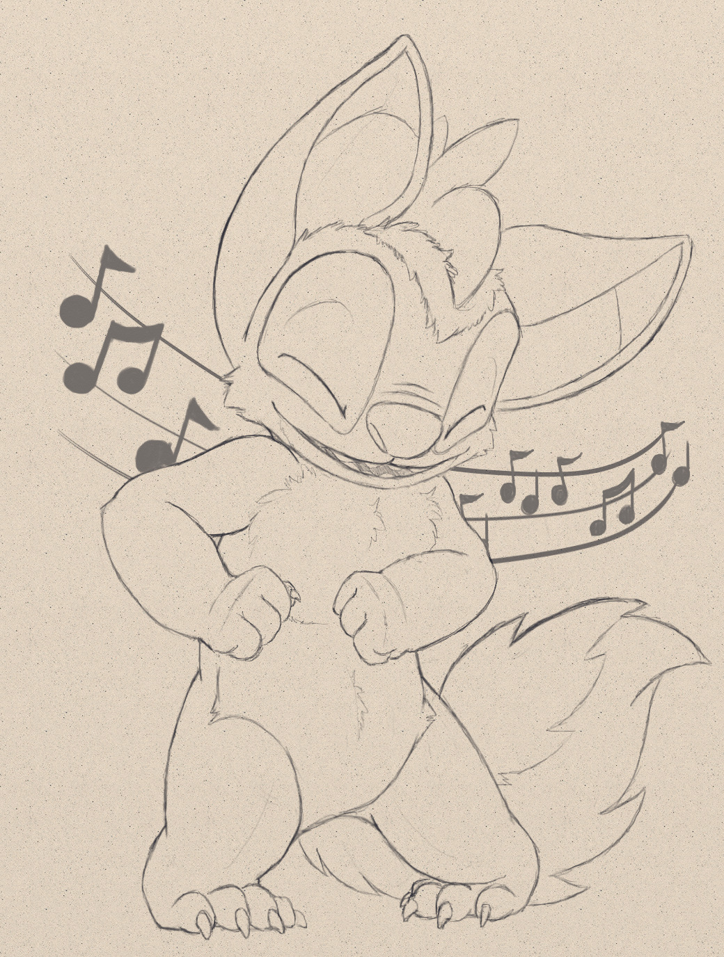 alien anthro dancing disney experiment_(species) fan_character featureless_crotch fluffy fluffy_tail front_view lilo_and_stitch line_art mammal monochrome music musical_note nude open_mouth ovni petrock smile