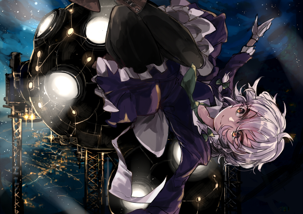 &gt;:) adapted_costume alternate_eye_color bad_hands bad_id bad_pixiv_id banned_artist black_legwear blue_dress blurry depth_of_field dress floating gloves izayoi_sakuya long_sleeves looking_up night night_sky outdoors short_hair silver_hair sky smile solo star_(sky) starry_sky touhou upside-down v-shaped_eyebrows white_gloves yellow_eyes zairen