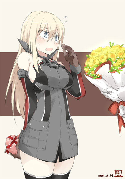 2016 anchor arm_behind_back bangs bare_shoulders bismarck_(kantai_collection) black_legwear blonde_hair blue_eyes blush bouquet breasts brown_gloves cowboy_shot dated detached_sleeves eyebrows eyebrows_visible_through_hair flower flying_sweatdrops gift gloves hair_between_eyes hand_up heart holding holding_gift kantai_collection large_breasts long_hair long_sleeves looking_at_another multicolored multicolored_background no_hat no_headwear open_mouth pouch sidelocks signature sleeveless solo souji sweatdrop thighhighs two-tone_background uniform white_gloves zettai_ryouiki
